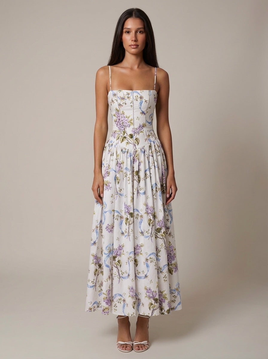 Abito Midi Donna Floreale con Scollo Dritto e Spalline Sottili