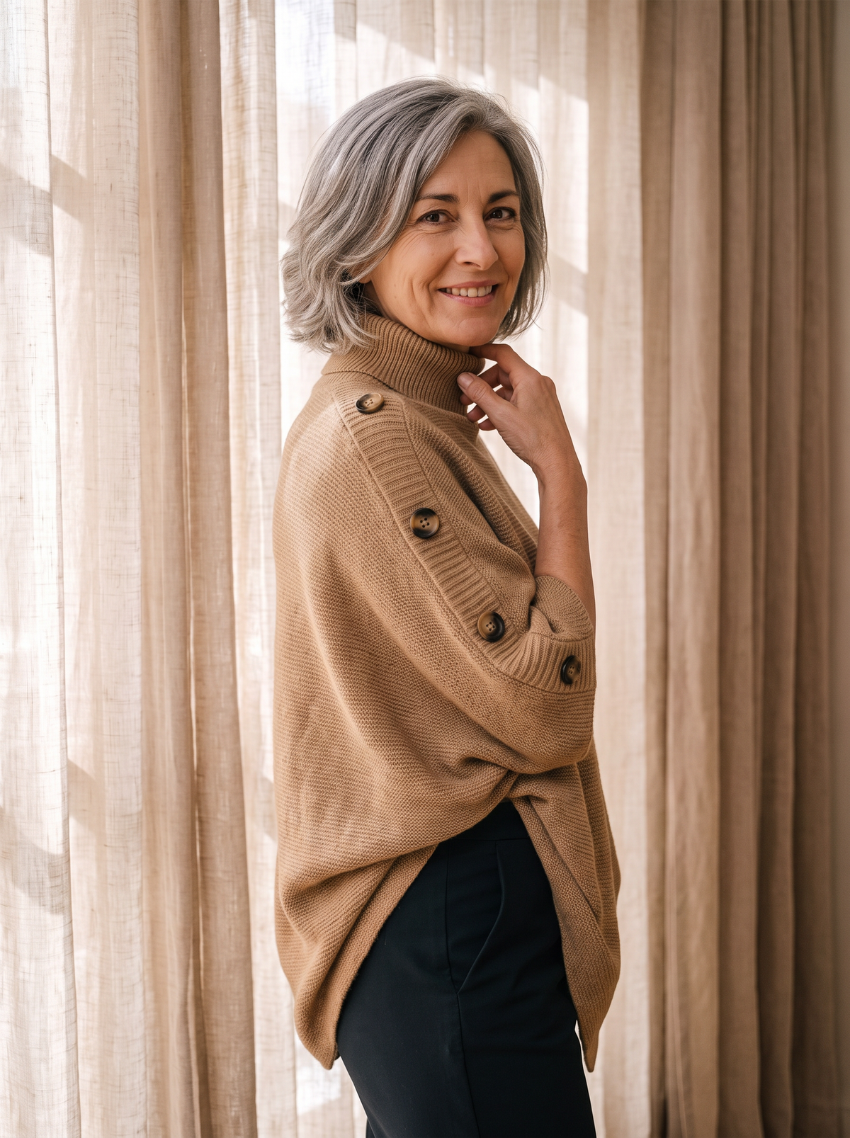 Maglia Poncho da Donna con Collo Alto e Maniche Corte