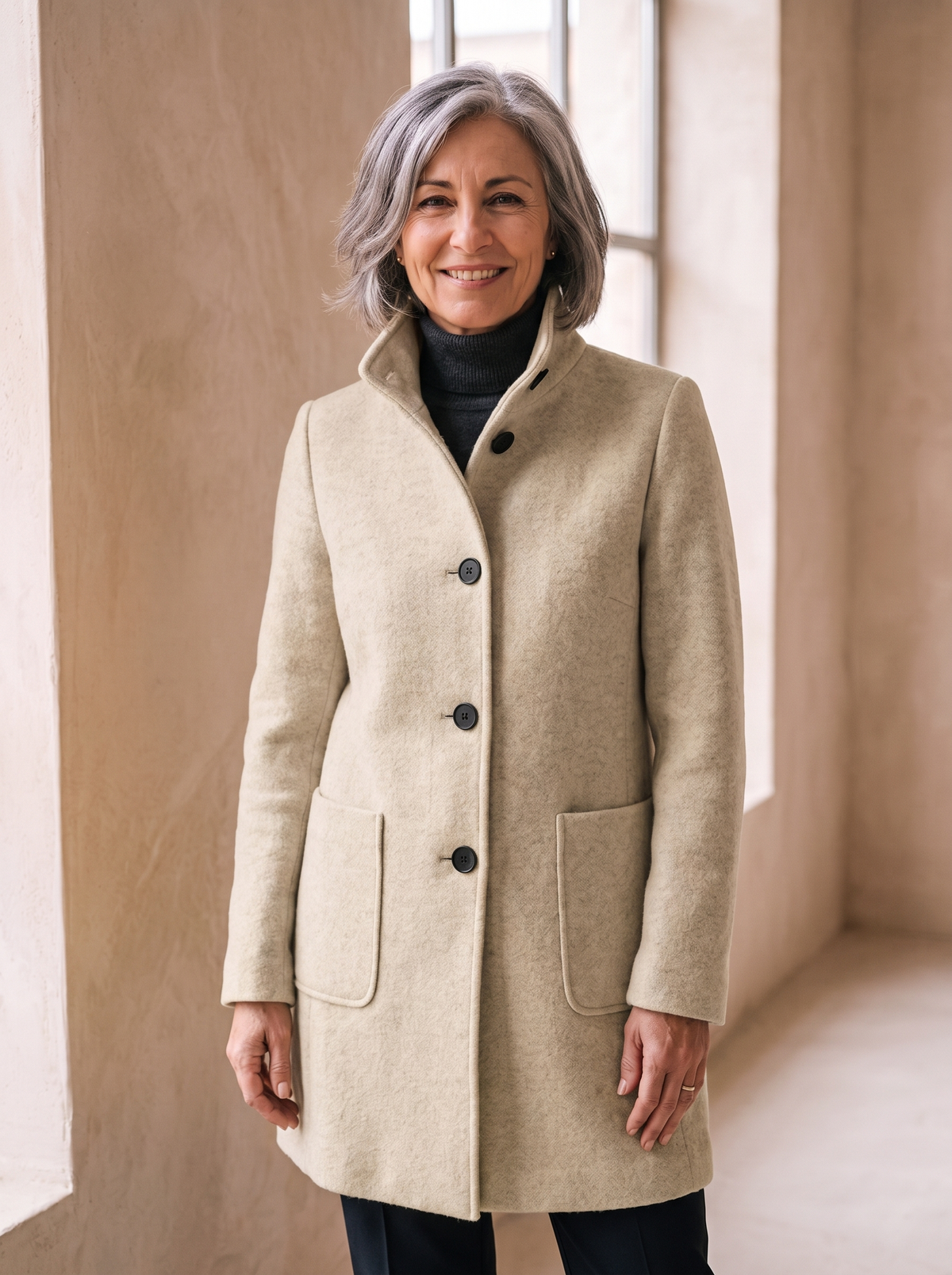 Cappotto da Donna con Collo Alto e Chiusura a Bottoni
