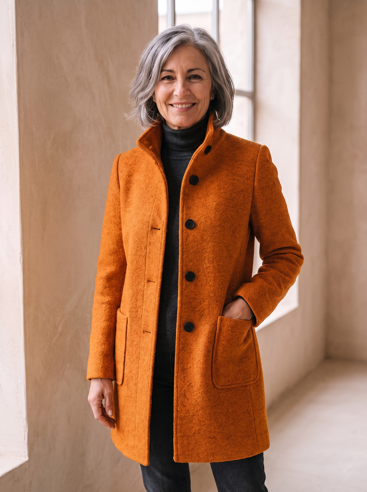 Cappotto da Donna con Collo Alto e Chiusura a Bottoni