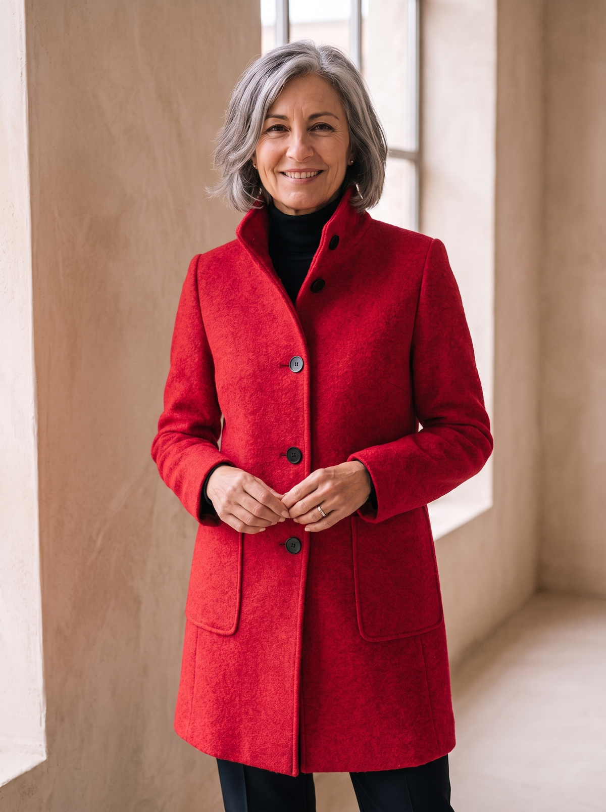 Cappotto da Donna con Collo Alto e Chiusura a Bottoni