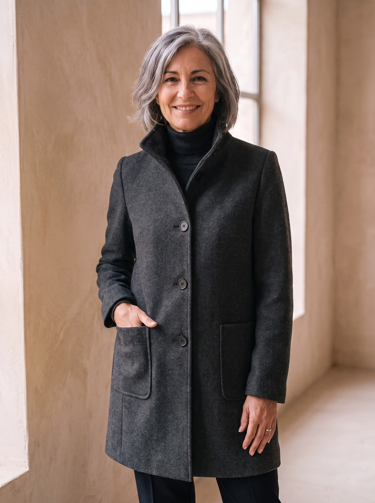 Cappotto da Donna con Collo Alto e Chiusura a Bottoni