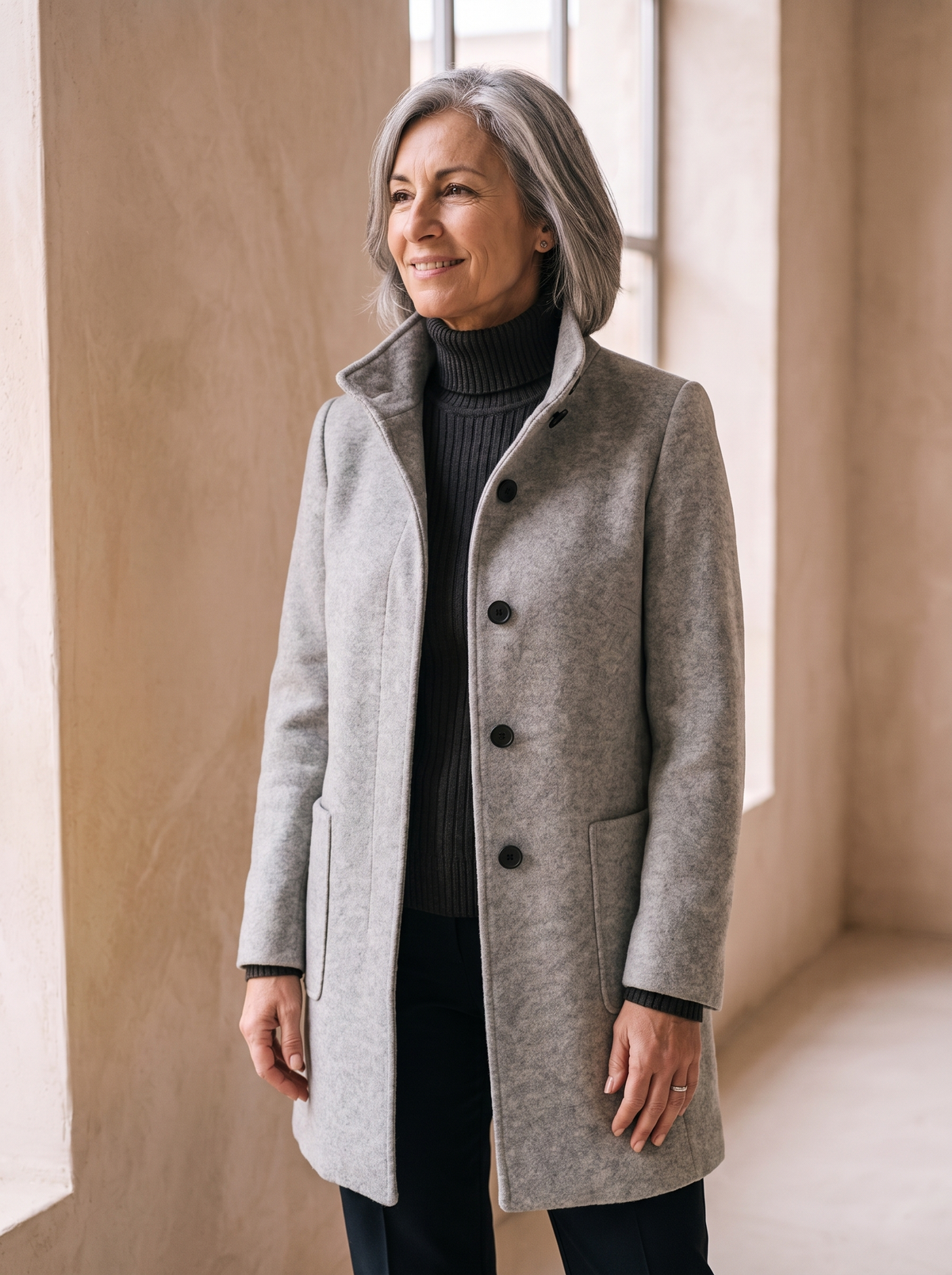 Cappotto da Donna con Collo Alto e Chiusura a Bottoni