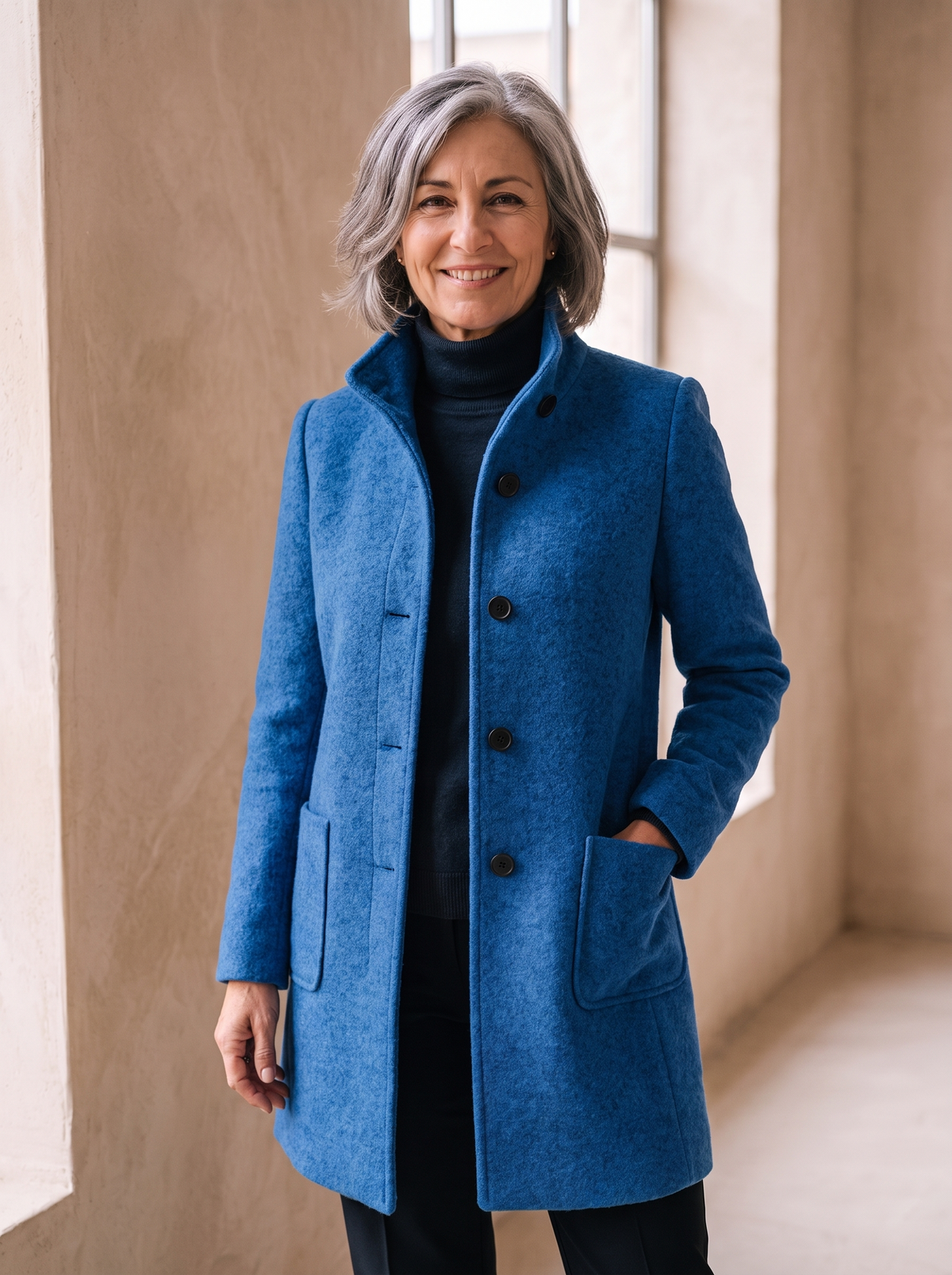 Cappotto da Donna con Collo Alto e Chiusura a Bottoni