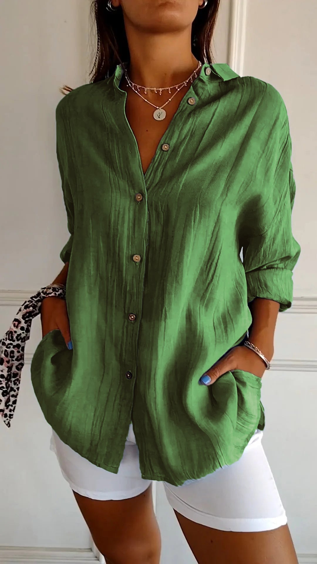 Camicia Donna Oversize in Lino e Cotone con Bottoni – Blusa Casual Estiva a Maniche Arrotolabili
