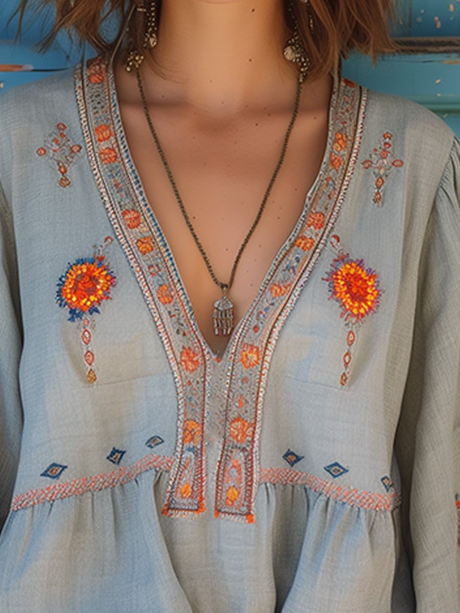 Blusa Donna Bohémien – Ricamo Autentico e Taglio Estivo Traspirante