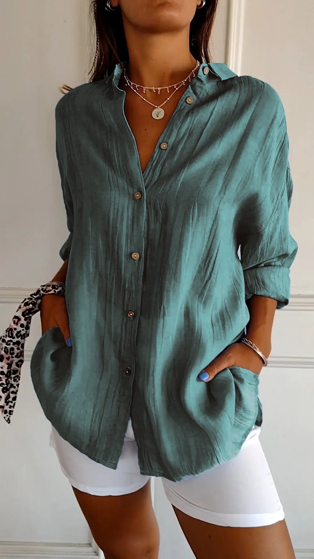 Camicia Donna Oversize in Lino e Cotone con Bottoni – Blusa Casual Estiva a Maniche Arrotolabili