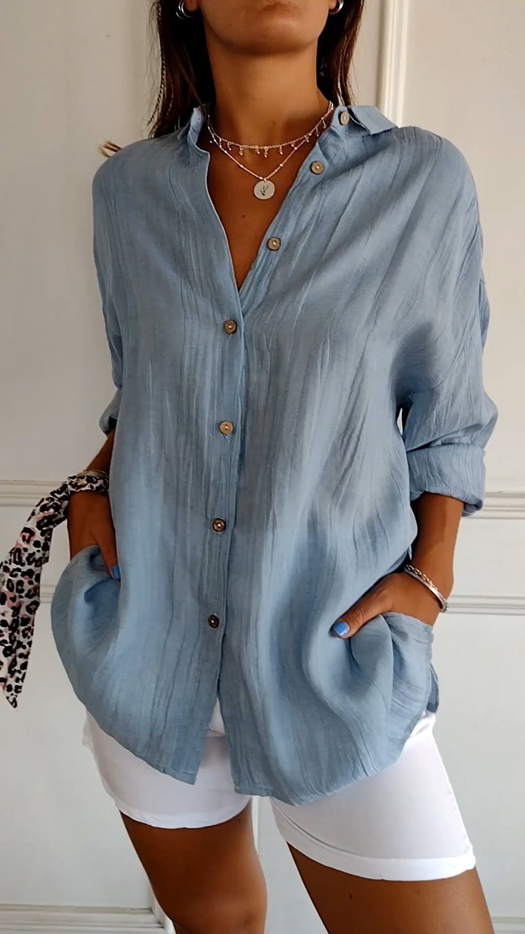 Camicia Donna Oversize in Lino e Cotone con Bottoni – Blusa Casual Estiva a Maniche Arrotolabili