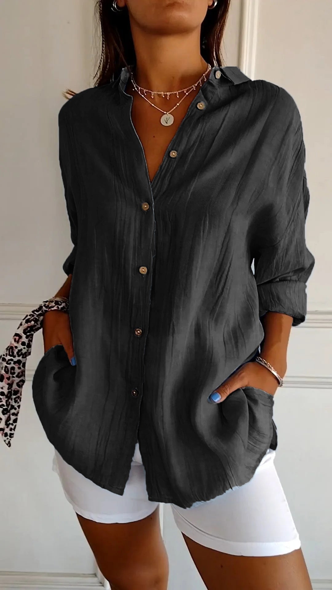 Camicia Donna Oversize in Lino e Cotone con Bottoni – Blusa Casual Estiva a Maniche Arrotolabili