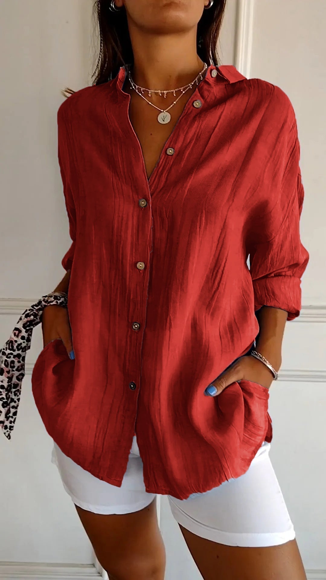 Camicia Donna Oversize in Lino e Cotone con Bottoni – Blusa Casual Estiva a Maniche Arrotolabili
