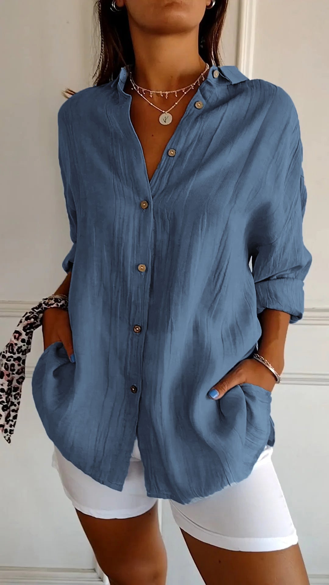 Camicia Donna Oversize in Lino e Cotone con Bottoni – Blusa Casual Estiva a Maniche Arrotolabili
