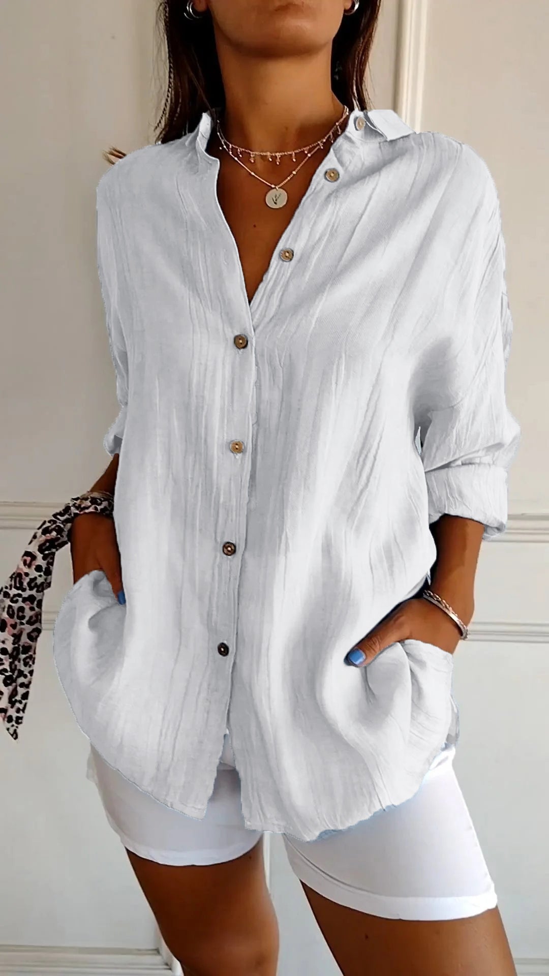 Camicia Donna Oversize in Lino e Cotone con Bottoni – Blusa Casual Estiva a Maniche Arrotolabili
