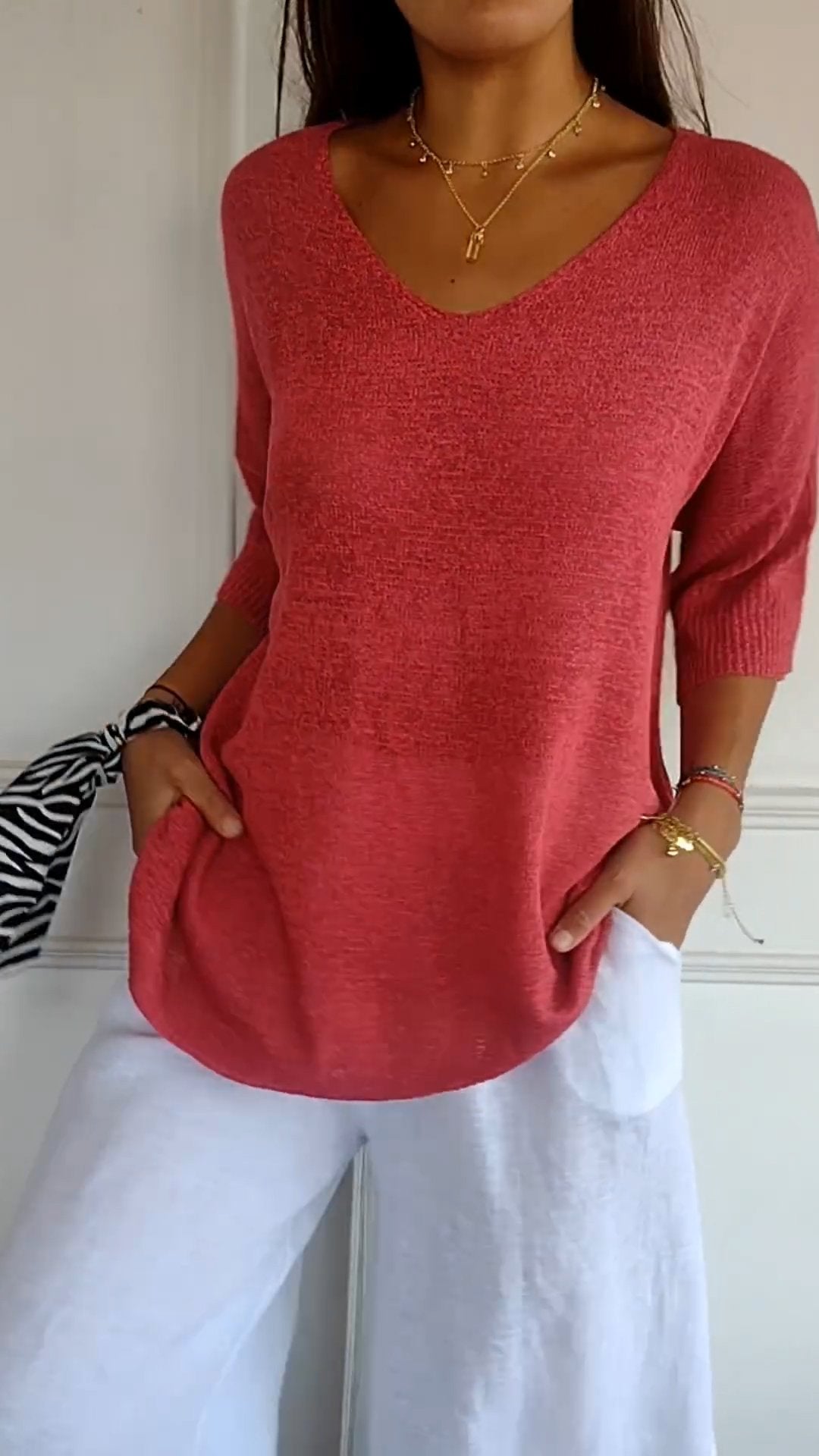 Maglia Donna Casual Scollo a V Maniche Lunghe Morbida