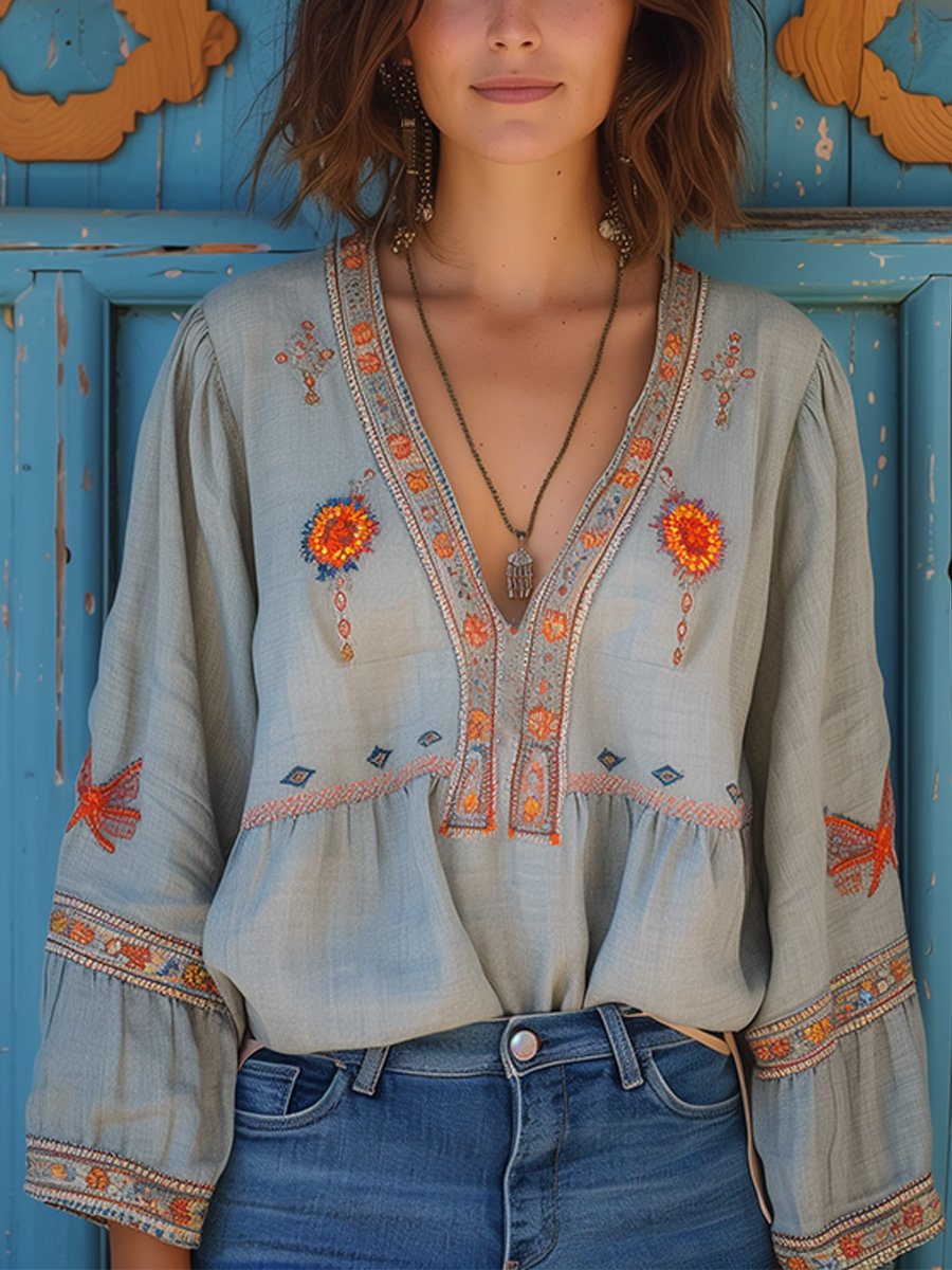 Blusa Donna Bohémien – Ricamo Autentico e Taglio Estivo Traspirante