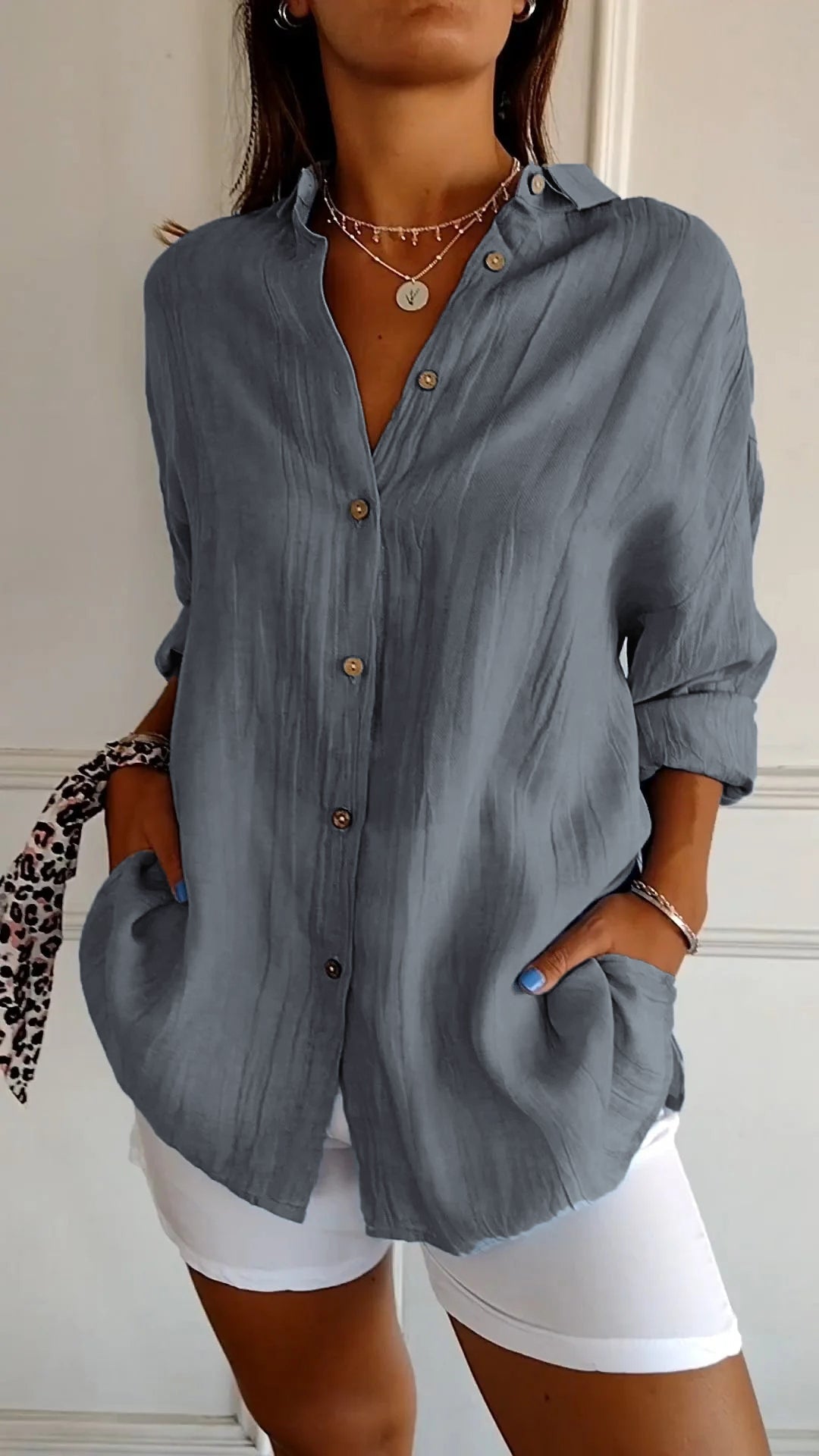 Camicia Donna Oversize in Lino e Cotone con Bottoni – Blusa Casual Estiva a Maniche Arrotolabili