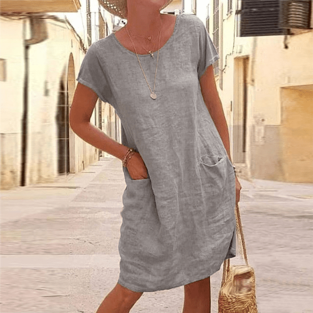 Vestito Midi Estivo in Lino da Donna con Maniche Corte e Tasche