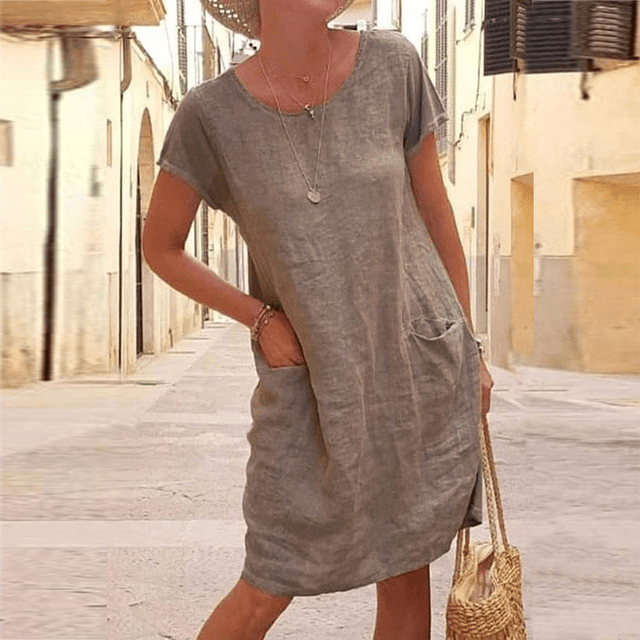 Vestito Midi Estivo in Lino da Donna con Maniche Corte e Tasche