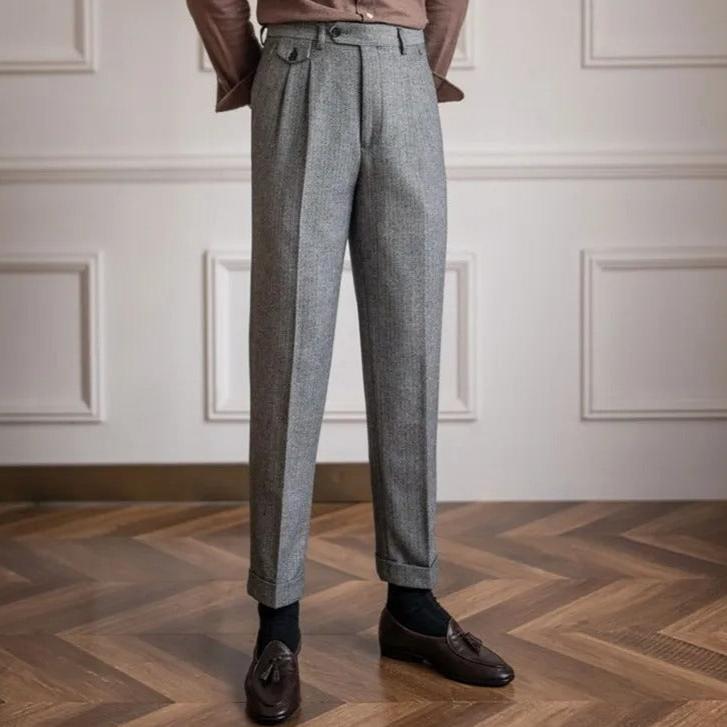Elegant Men's High-Waisted Trousers with Double Pleat and Straight Leg