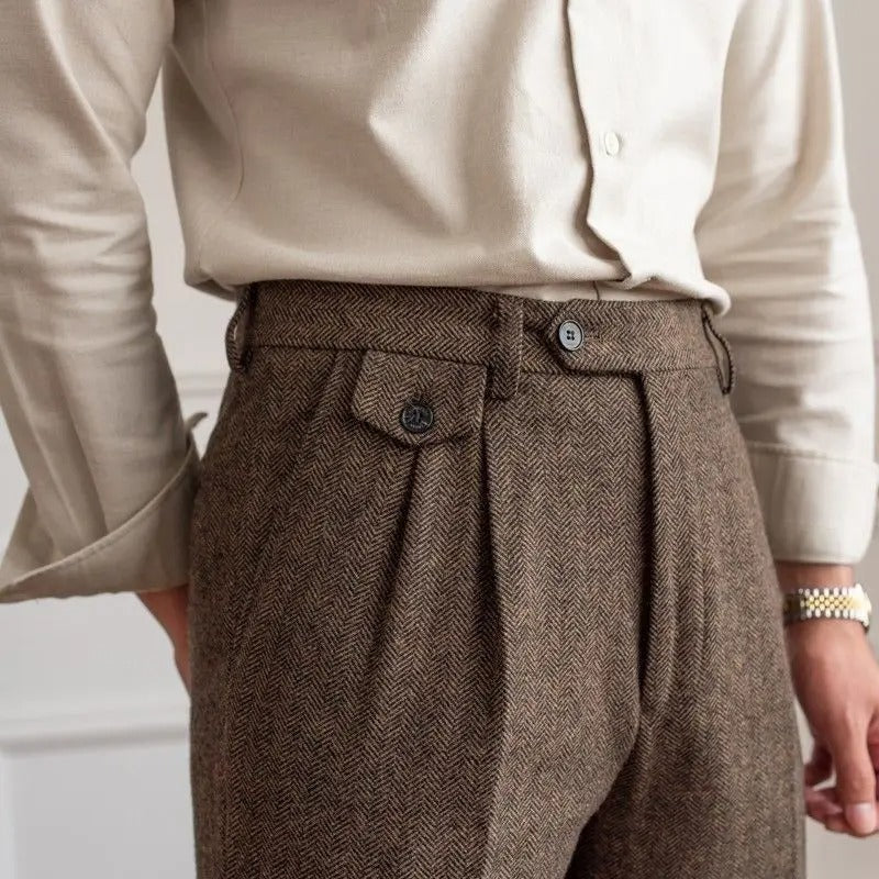 Elegant Men's High-Waisted Trousers with Double Pleat and Straight Leg