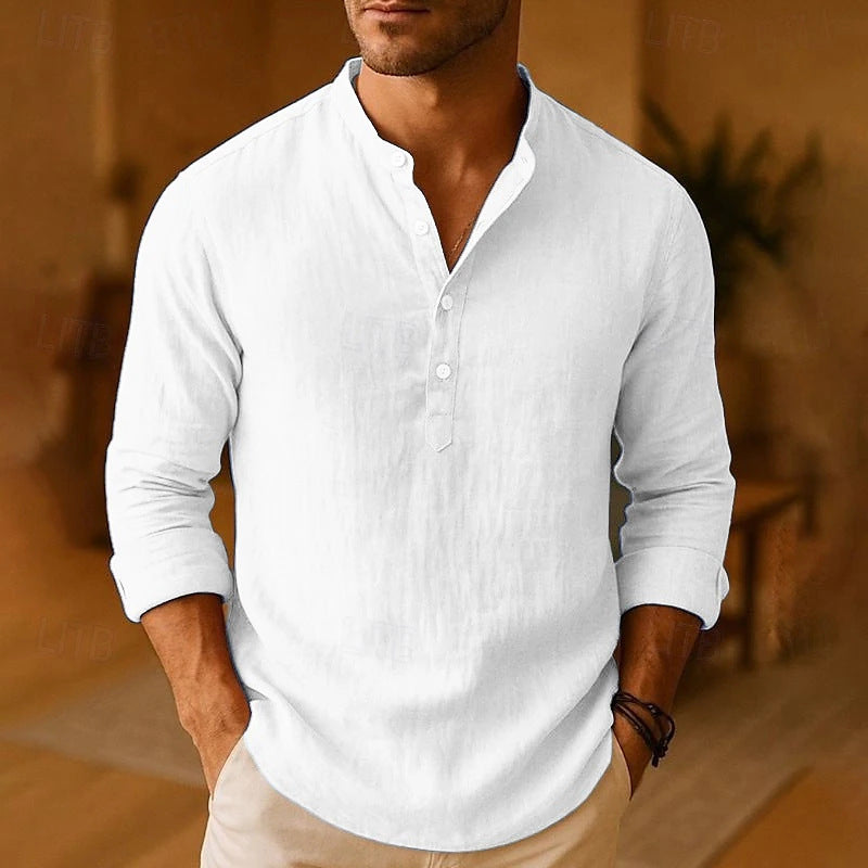 Camicia Henley in Lino da Uomo a Maniche Lunghe