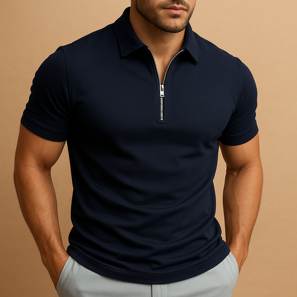 Férfi slim fit póló cipzárral, modern, légáteresztő és elegáns