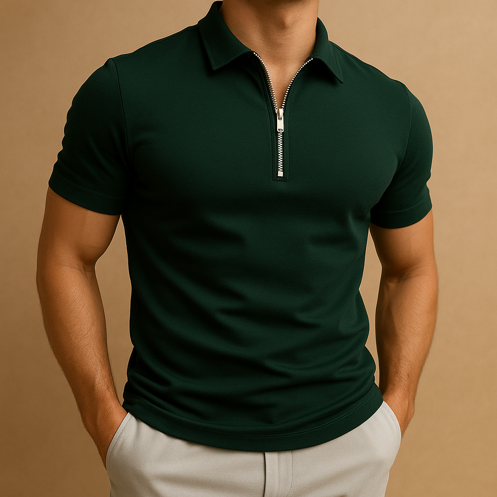 Férfi slim fit póló cipzárral, modern, légáteresztő és elegáns