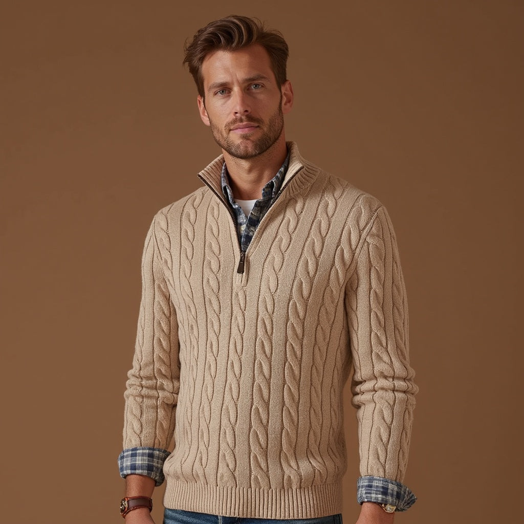 Maglione Uomo a Trecce con Collo Alto e Mezza Zip