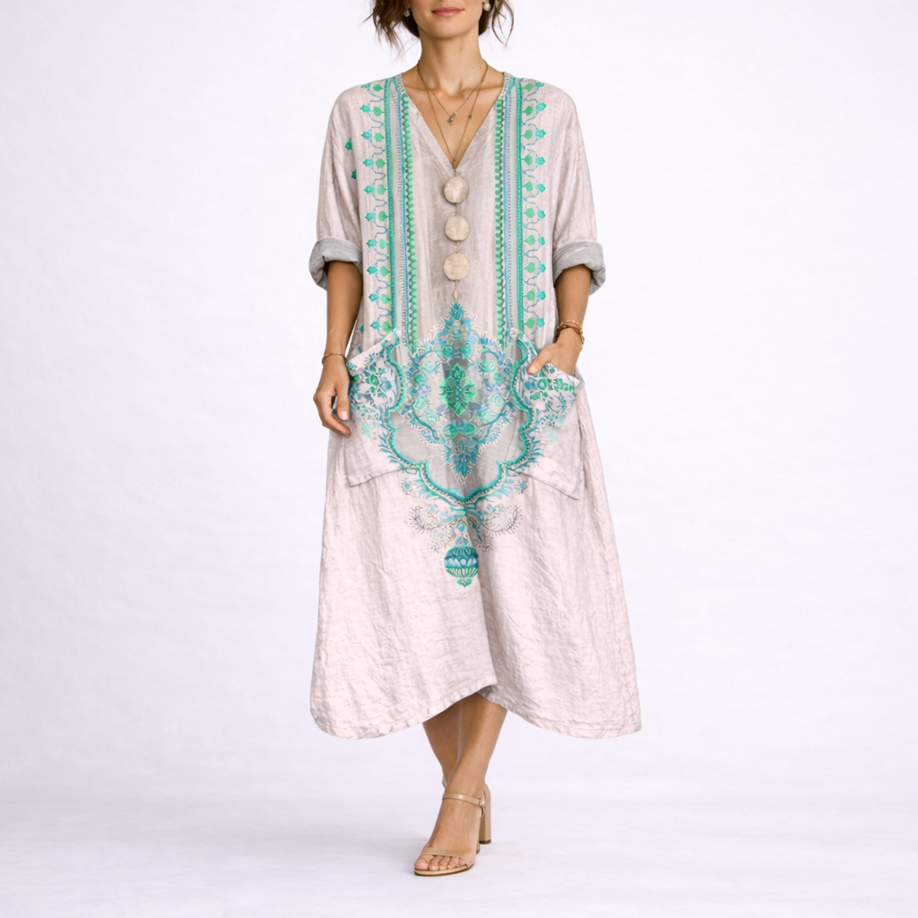 Μάξι φόρεμα Boho γυναικείο με κεντήματα και μανίκια 3/4