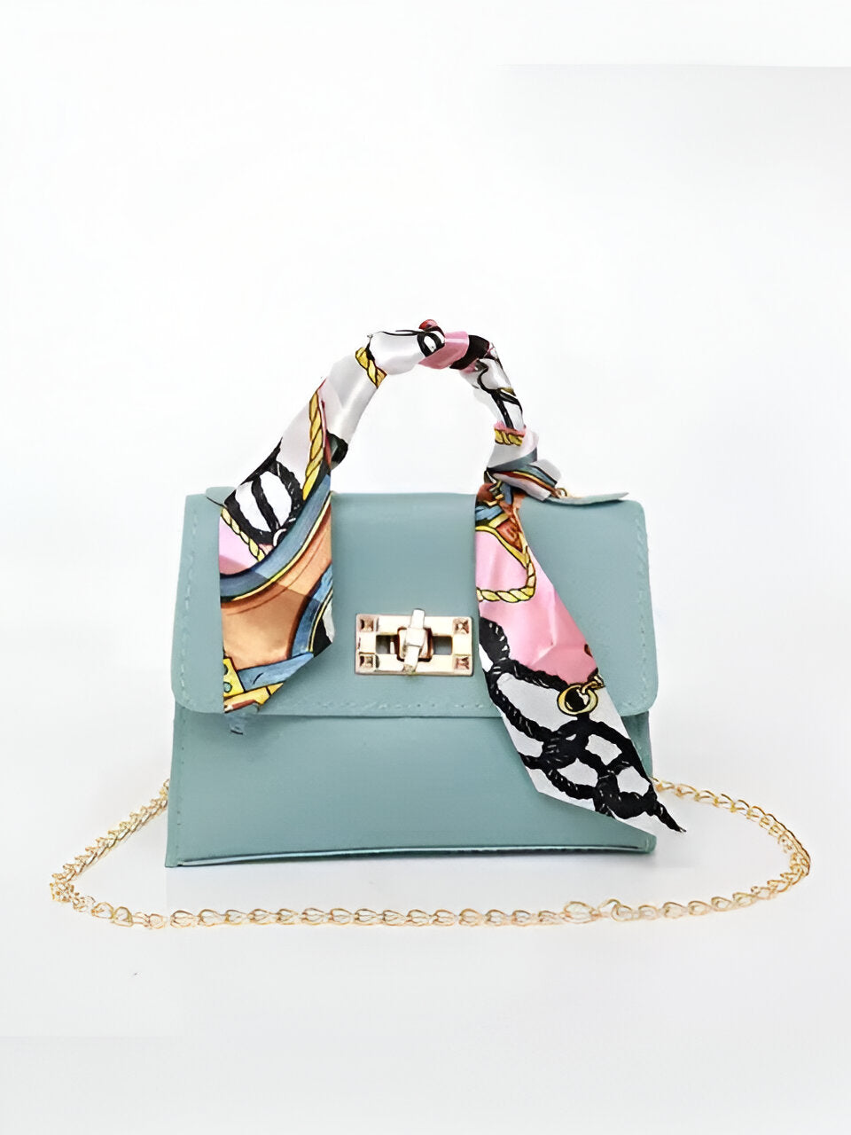 Borsa donna a mano con foulard decorativo e tracolla a catena
