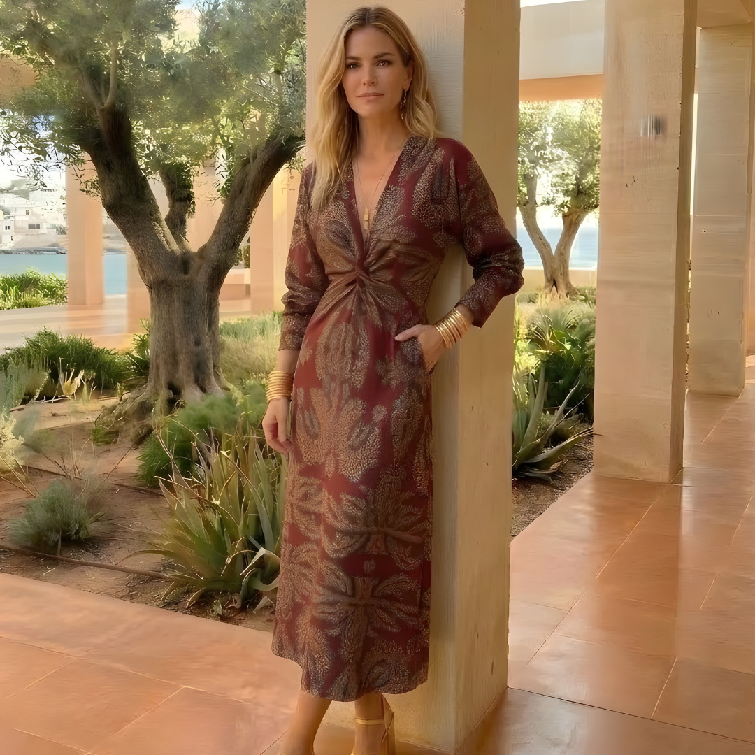 Carmen | Μακρύ Φόρεμα με Σχέδιο για Καλεσμένη Γάμου με Δραπέ