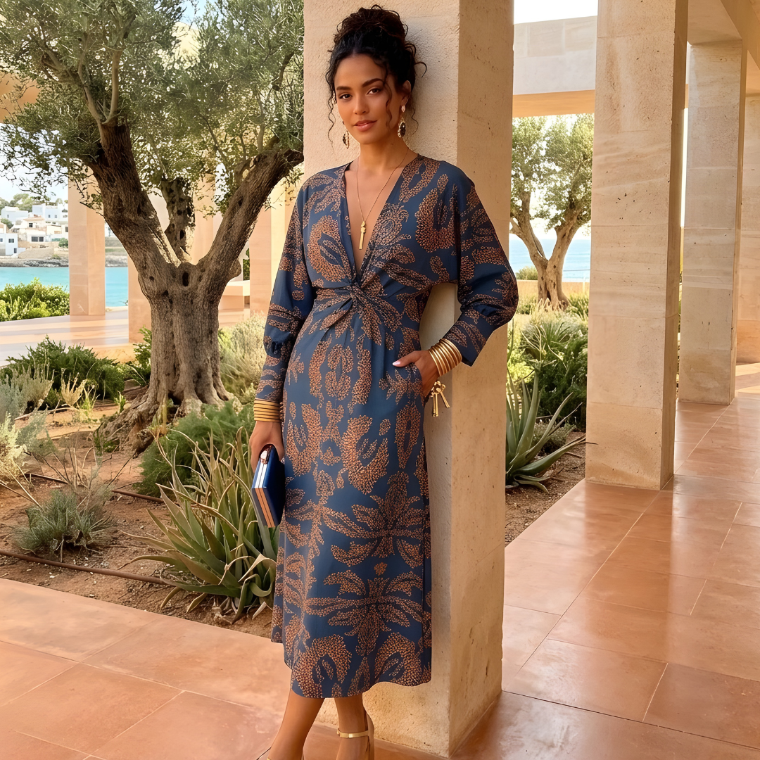 Carmen | Μακρύ Φόρεμα με Σχέδιο για Καλεσμένη Γάμου με Δραπέ