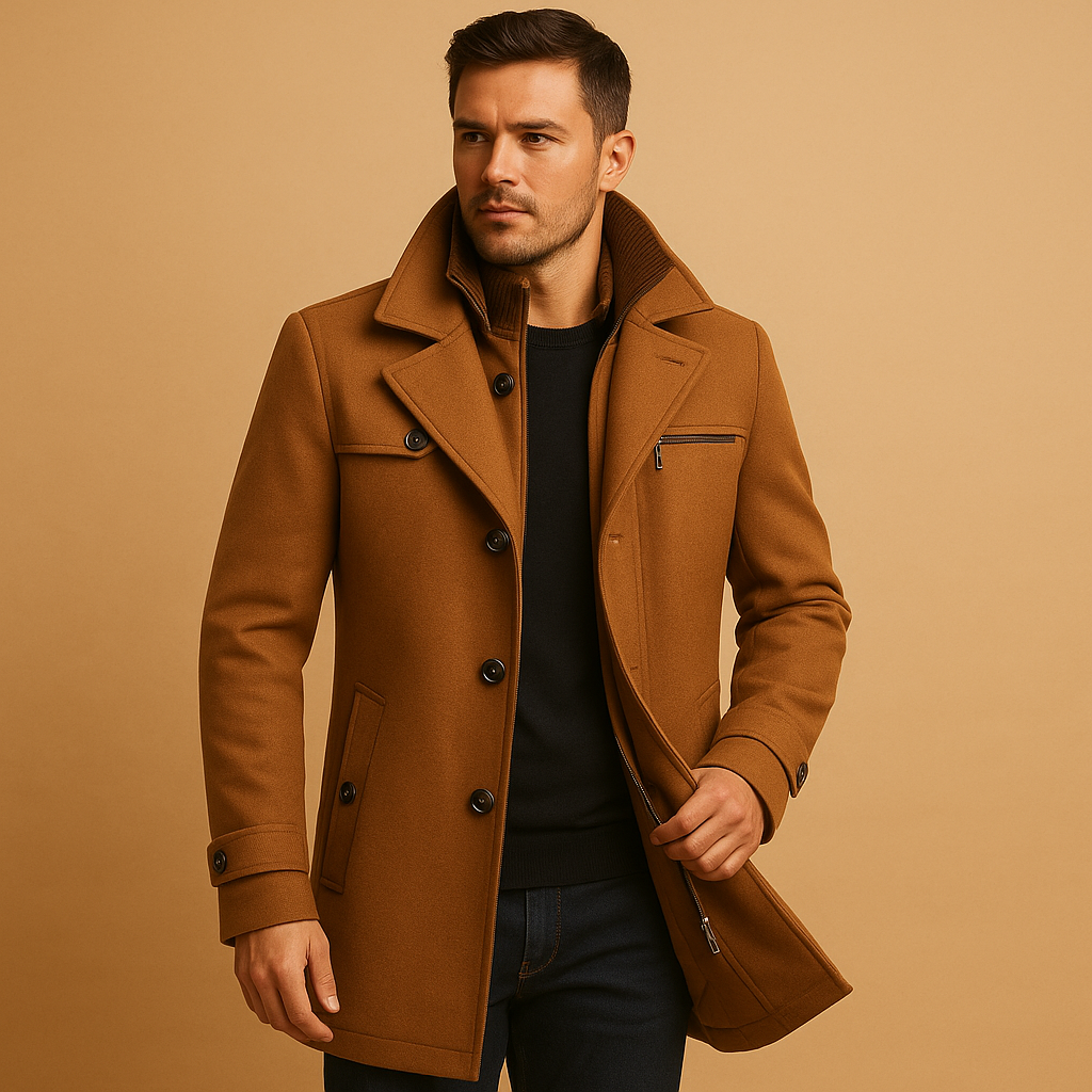 Cappotto Uomo Invernale Elegante con Collo Alto e Chiusura a Bottoni