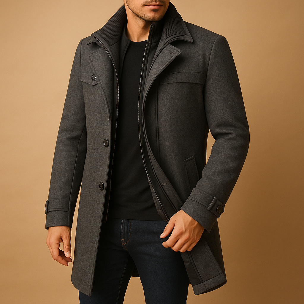 Cappotto Uomo Invernale Elegante con Collo Alto e Chiusura a Bottoni