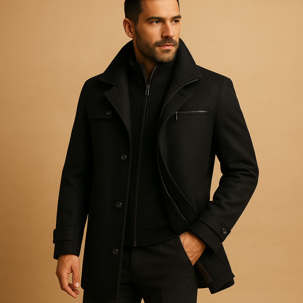 Cappotto Uomo Invernale Elegante con Collo Alto e Chiusura a Bottoni
