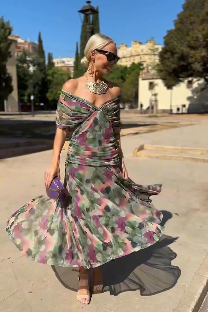 Vestido largo elegante para mujer con escote Bardot y falda fluida