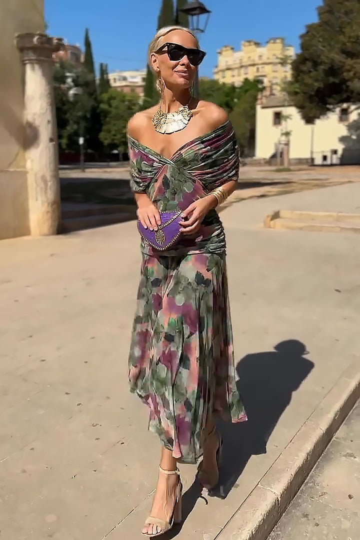 Vestido largo elegante para mujer con escote Bardot y falda fluida