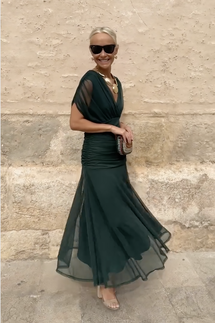 Vestido largo elegante para mujer con escote Bardot y falda fluida