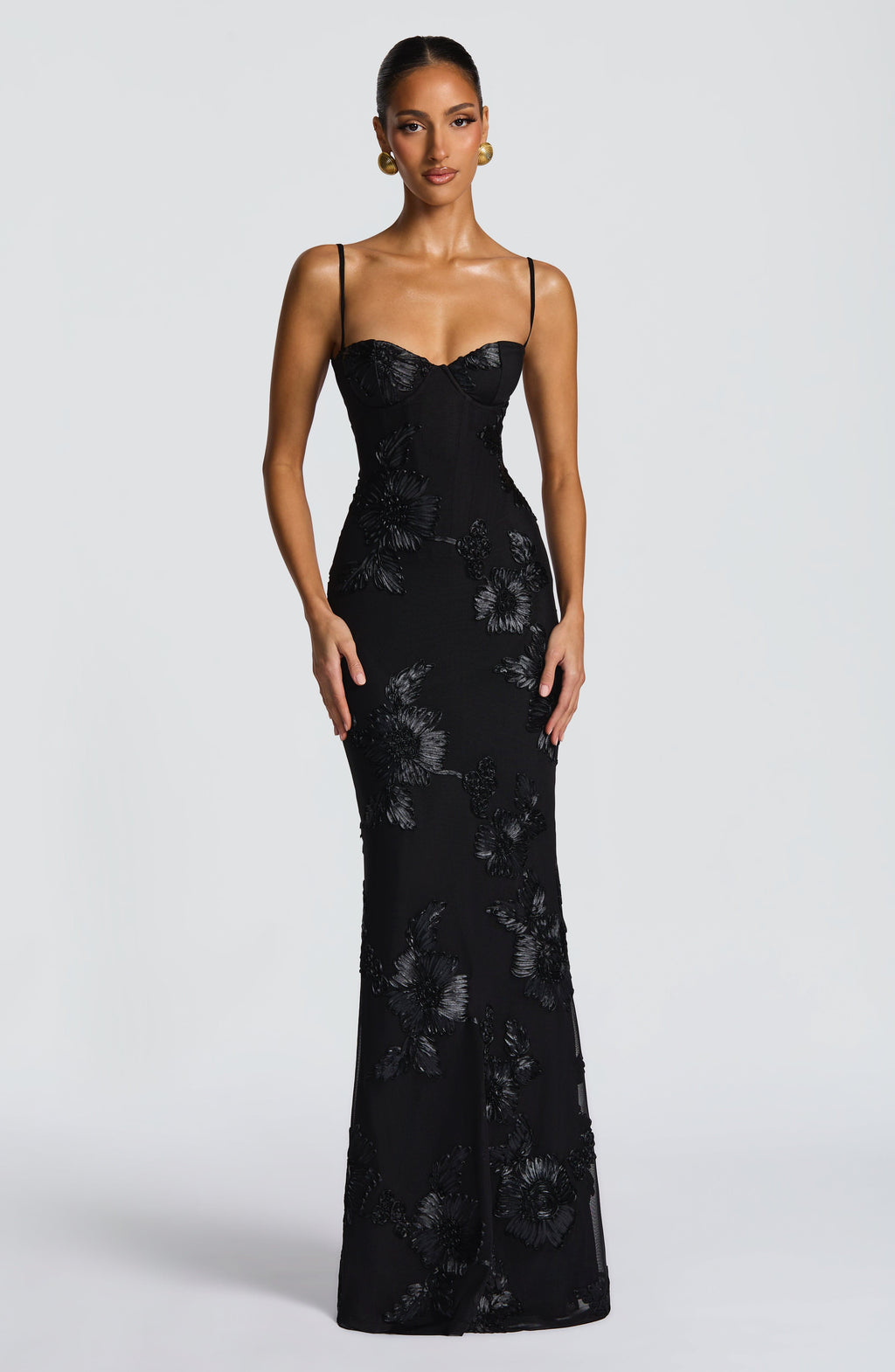 Robe longue fleurie avec corset et fines bretelles pour cérémonie