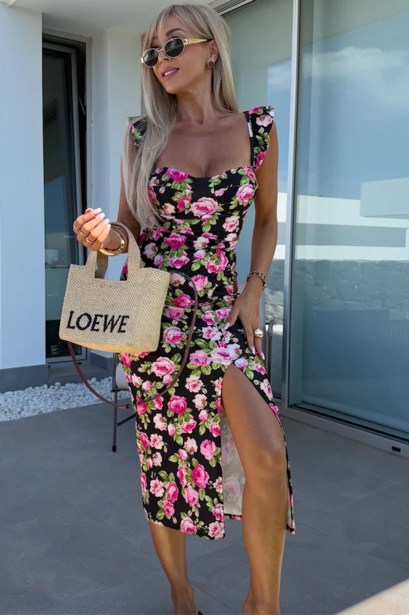 Midi Summer Floral Dress with Side Slit