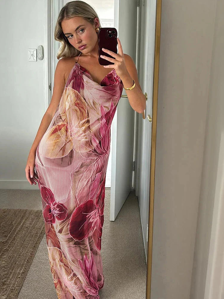 Robe longue fleurie avec décolleté américain pour cérémonie