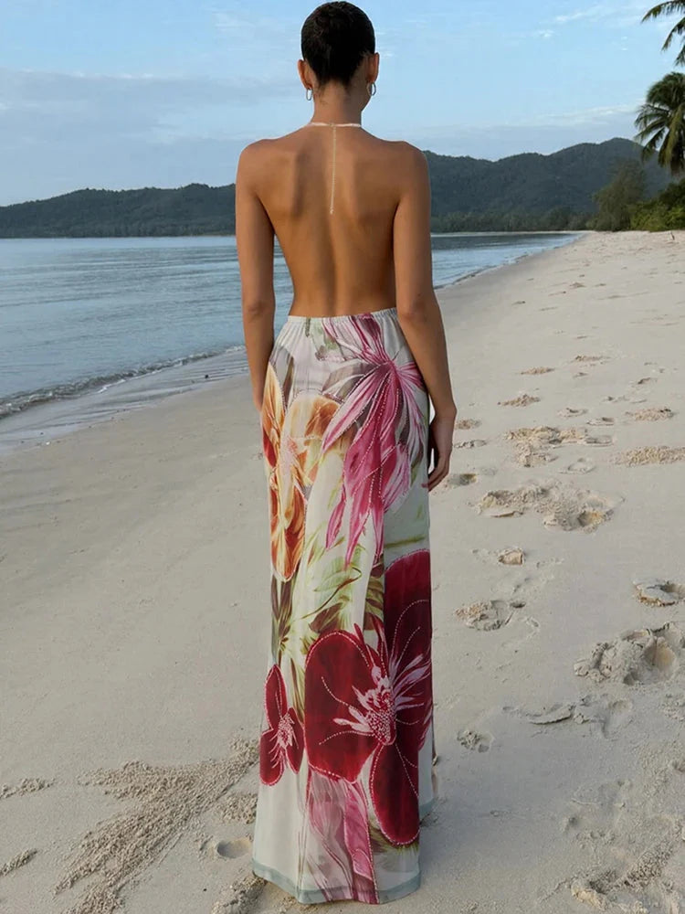 Robe longue fleurie avec décolleté américain pour cérémonie