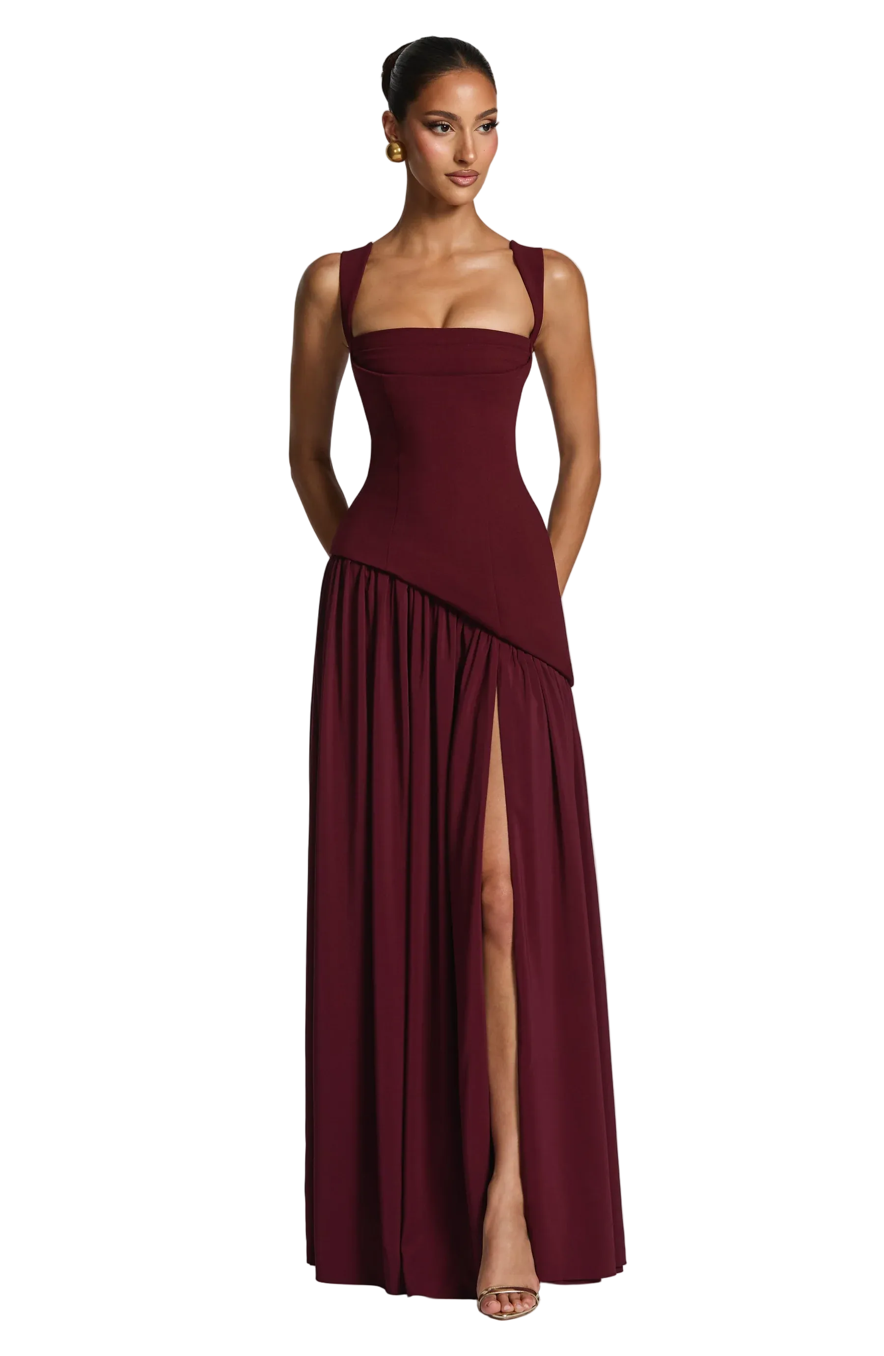 Abito Lungo Elegante in Raso da Donna con Spacco Laterale
