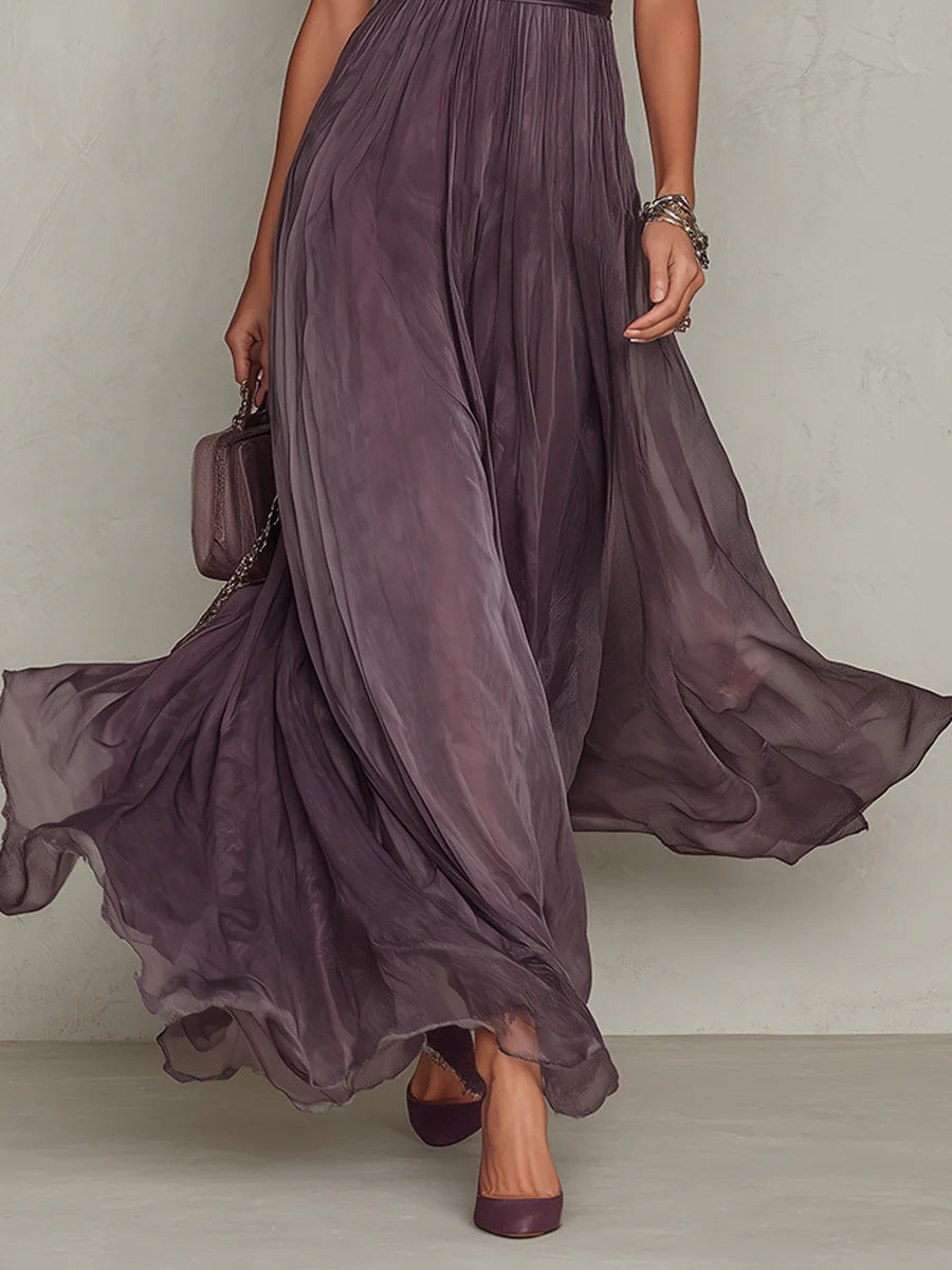 Abito Lungo Elegante Donna in Chiffon con Gonna Fluida