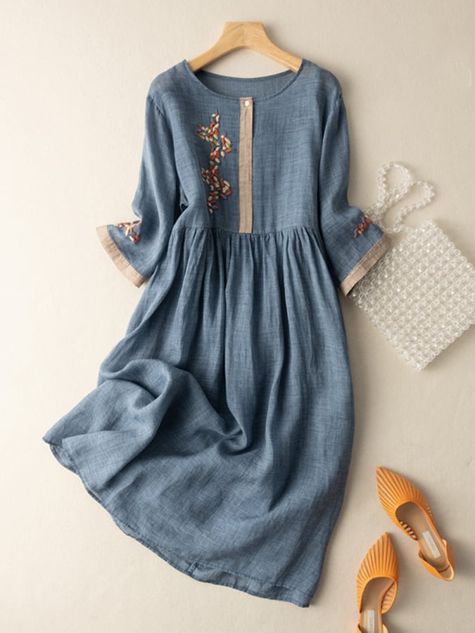 Vestido bordado de algodón y lino con diseño étnico y ajuste cómodo