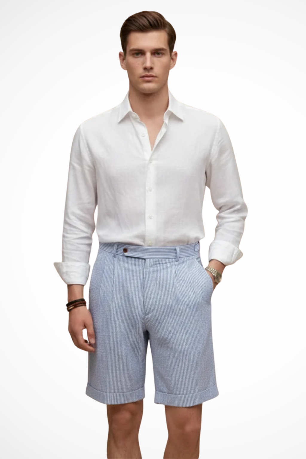 Scott | Pantaloncini Chino da Uomo a Vita Alta con Righe Seersucker e Risvolto