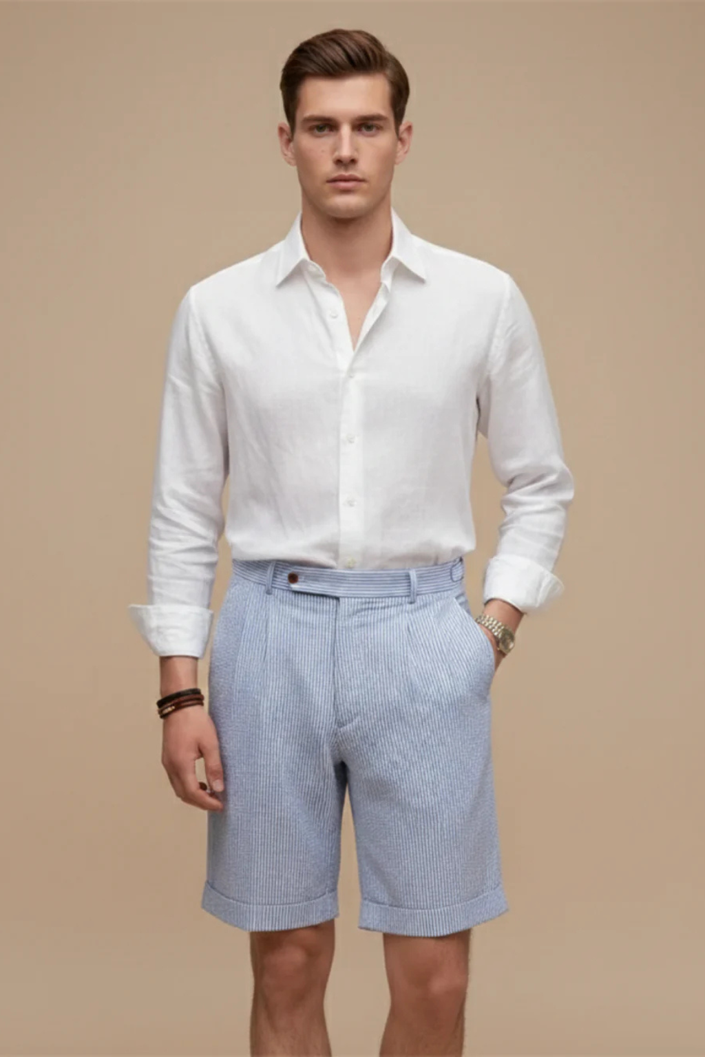 Scott | Pantaloncini Chino da Uomo a Vita Alta con Righe Seersucker e Risvolto