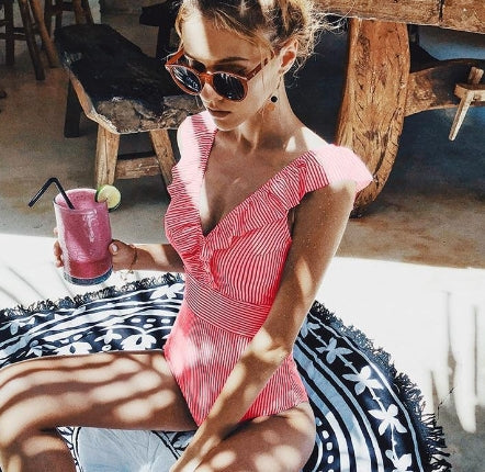 Costume da bagno intero donna estate a righe stile retrò con scollo a V e volant