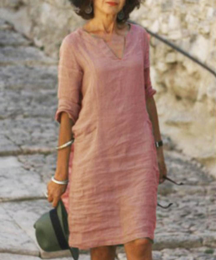 Abito casual in lino con scollo a V e vestibilità rilassata da donna