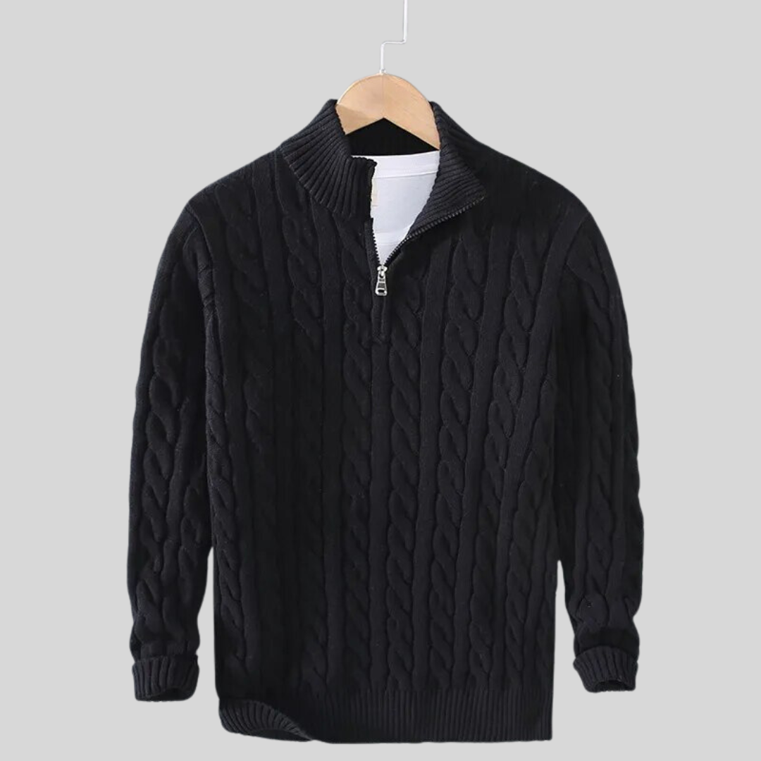 Maglione Uomo a Trecce con Collo Alto e Mezza Zip