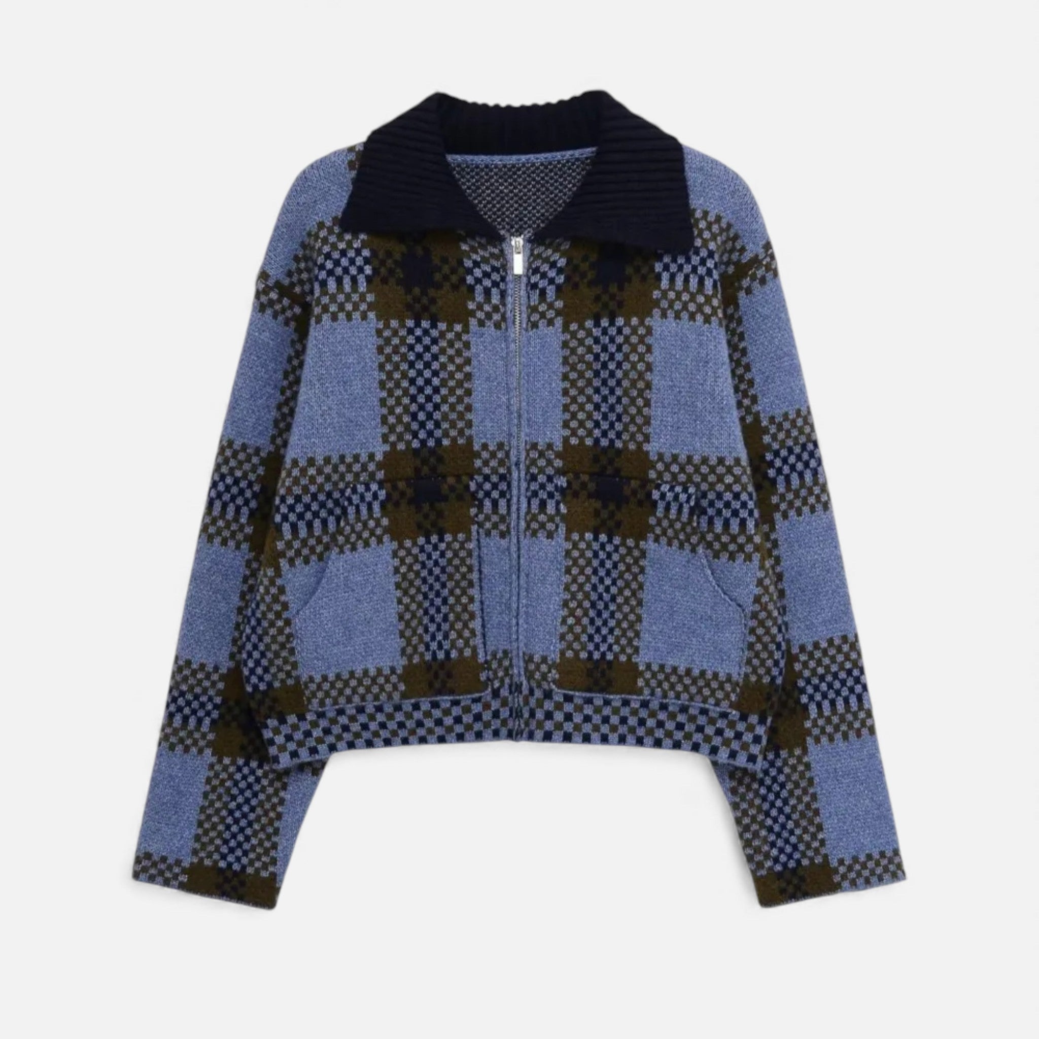 Cardigan Donna a Quadri con Zip e Colletto a Contrasto